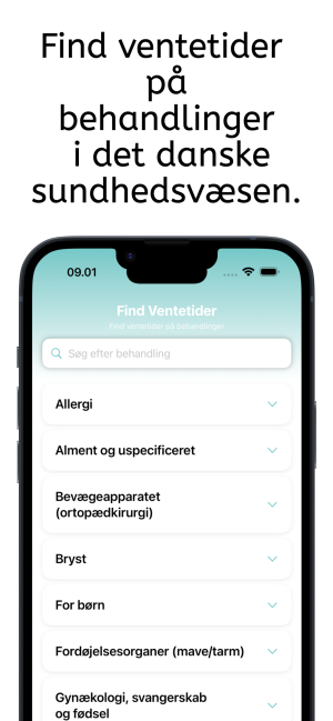 Skærmbillede fra en app med overskriften "Søg efter behandling". Viser en menu med kategorierne: Allergi (med underpunkterne Astma hos voksne, Behandling for allergi (vaccination), Udredning for allergiske sygdomme), Alment og uspecificeret, Bevægeapparatet (ortopædkirurgi), Bryst og For børn.