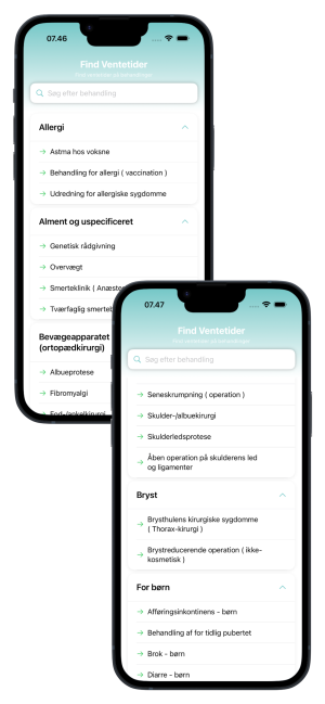 Skærmbillede fra en app med overskriften "Søg efter behandling". Viser en menu med kategorierne: Allergi (med underpunkterne Astma hos voksne, Behandling for allergi (vaccination), Udredning for allergiske sygdomme), Alment og uspecificeret, Bevægeapparatet (ortopædkirurgi), Bryst og For børn.